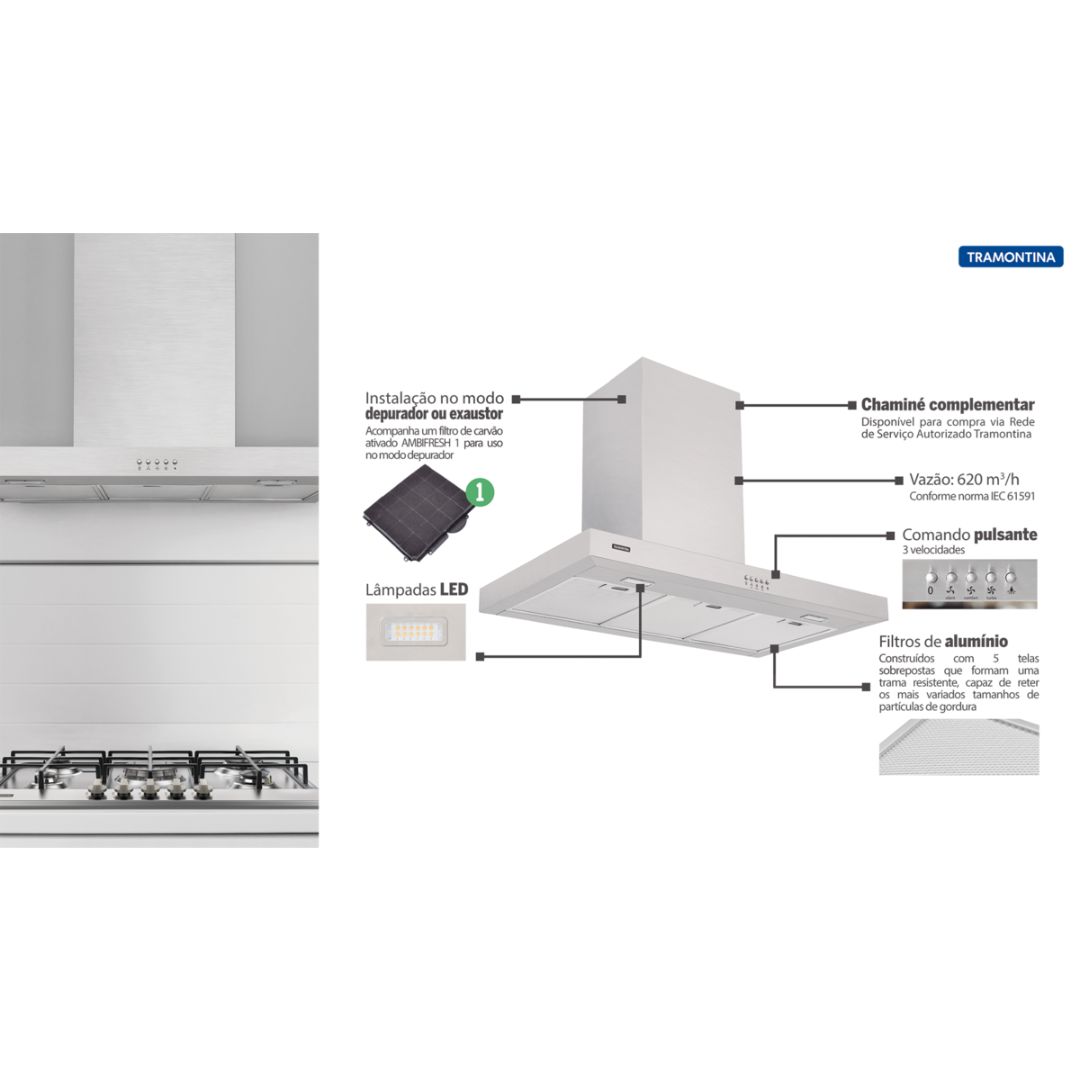 Coifa de Parede Tramontina New Dritta em Aço Inox 90 cm 220 V - 95800004 - Imagem 4